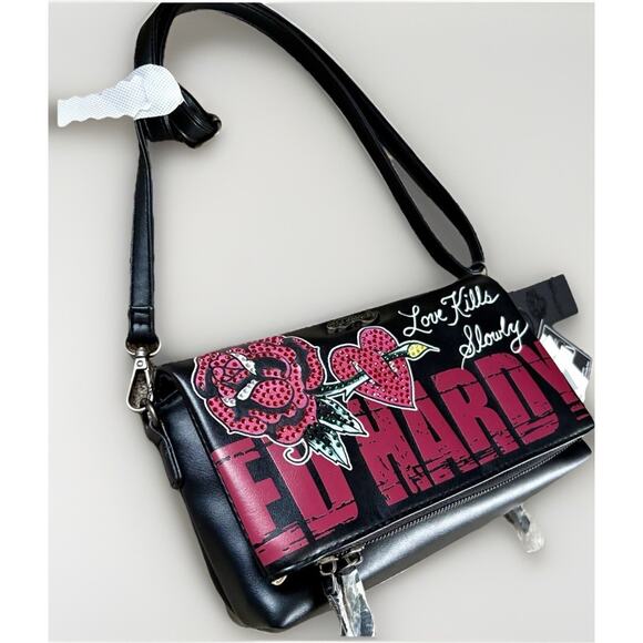 ED HARDY Love Kills Slowly BLK Rhinestone XBODY CLUTCH Rose Y2K Tattoo Skull - Picture 3 of 16